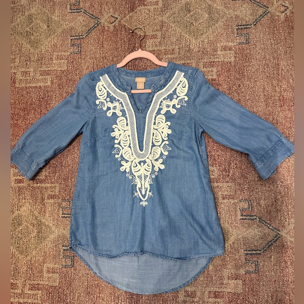 Chicos 00petite embroidered denim cotton top 3/4 sleeve tunic